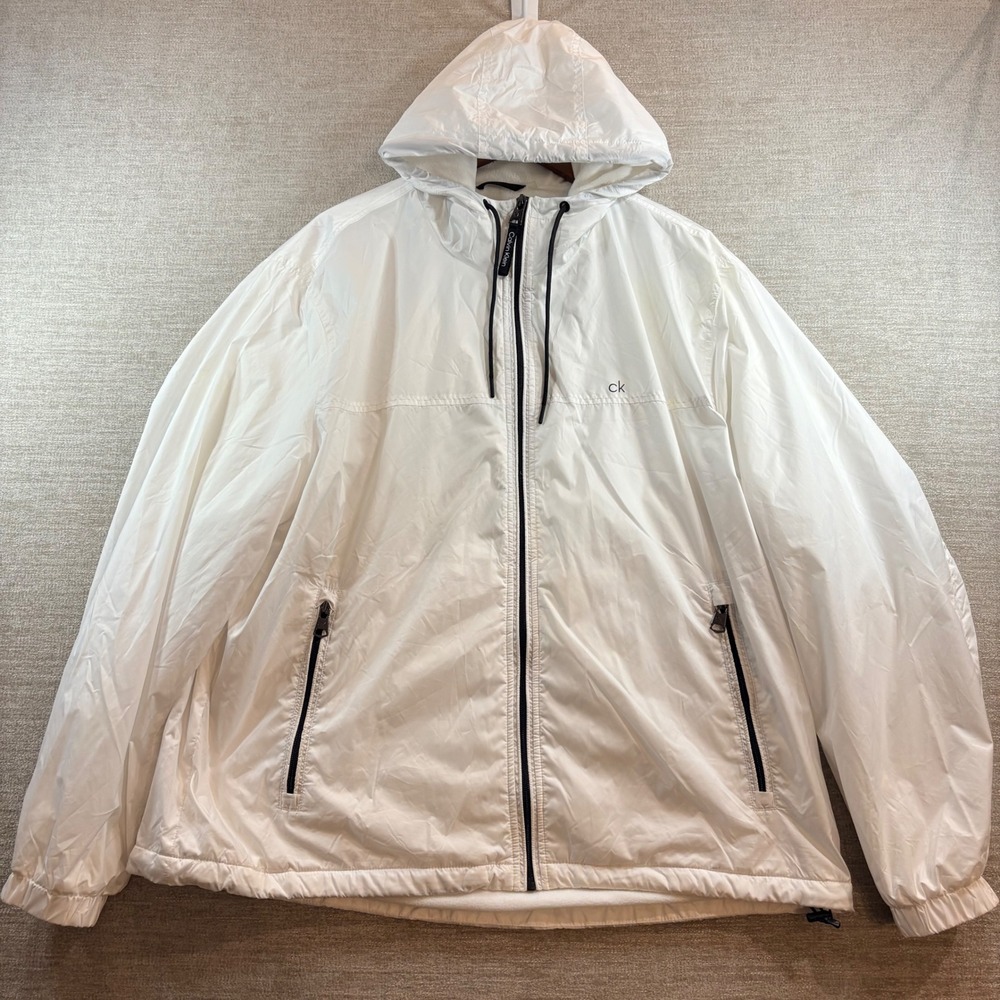 Calvin Klein Mens White Fleece Lined Hooded Windbreaker Jacket XXL Full Zip EUC